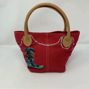 Lillian Vernon Tote Red Canvas Handbag Leather Straps Hand painted Cowgirl Boot